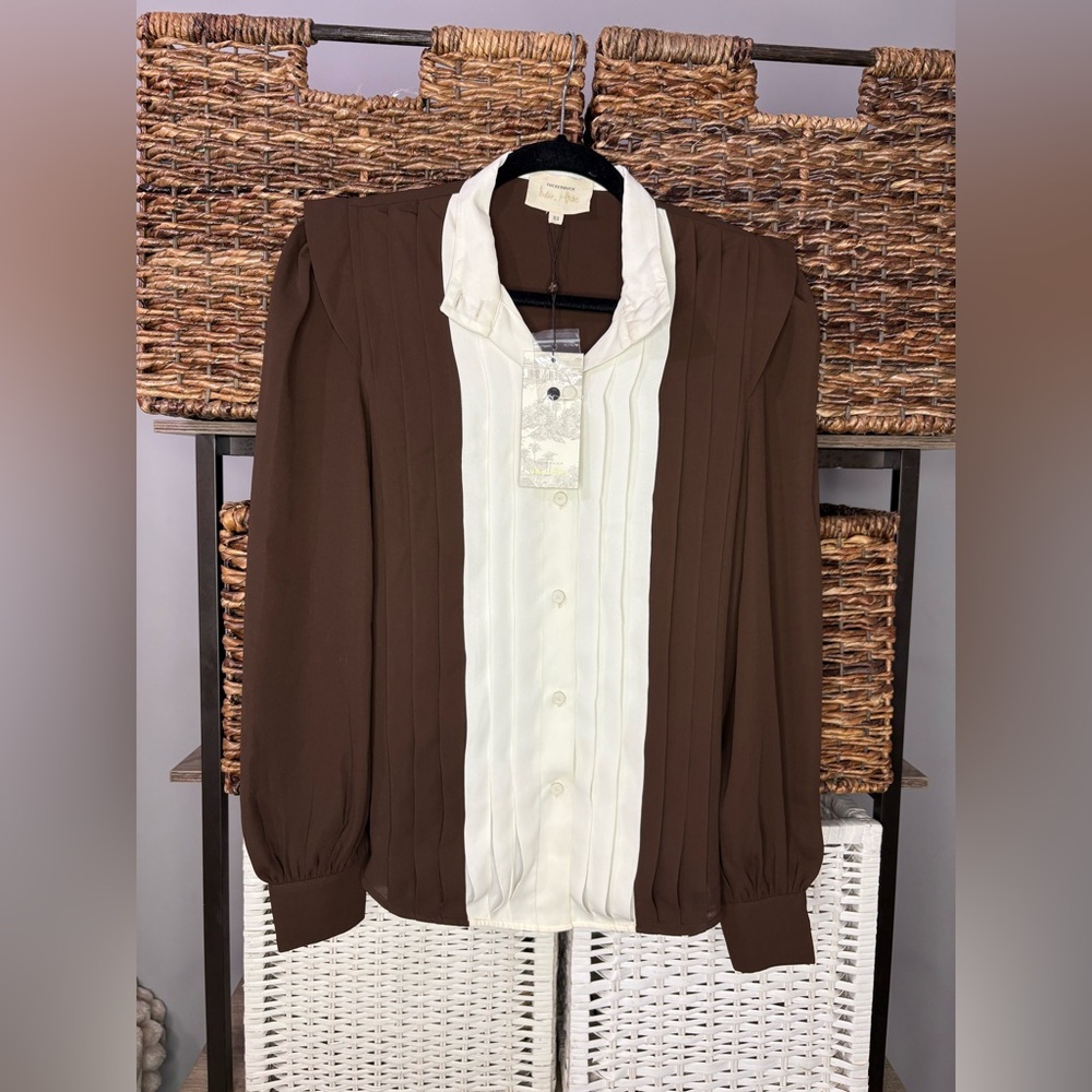 Tuckernuck X India Hicks Chocolate Brown and Cream Blouse xs 4 oversized - Picture 2 of 10